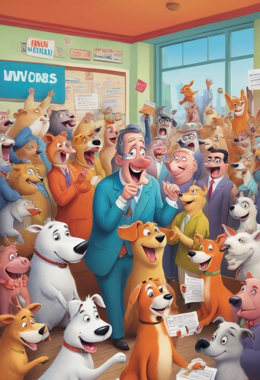 A whimsical cartoonish illustration featuring a lively debate stage with exaggeratedly cheerful characters representing different types of insurance, like health, auto, and home, exchanging funny quips and punchlines. An audience of laughing animals and cartoonish people holds up signs, showing humorous insurance quotes. Bright colors and playful expressions highlight the comedic theme. super-realistic. vibrant colors. fun and quirky style.