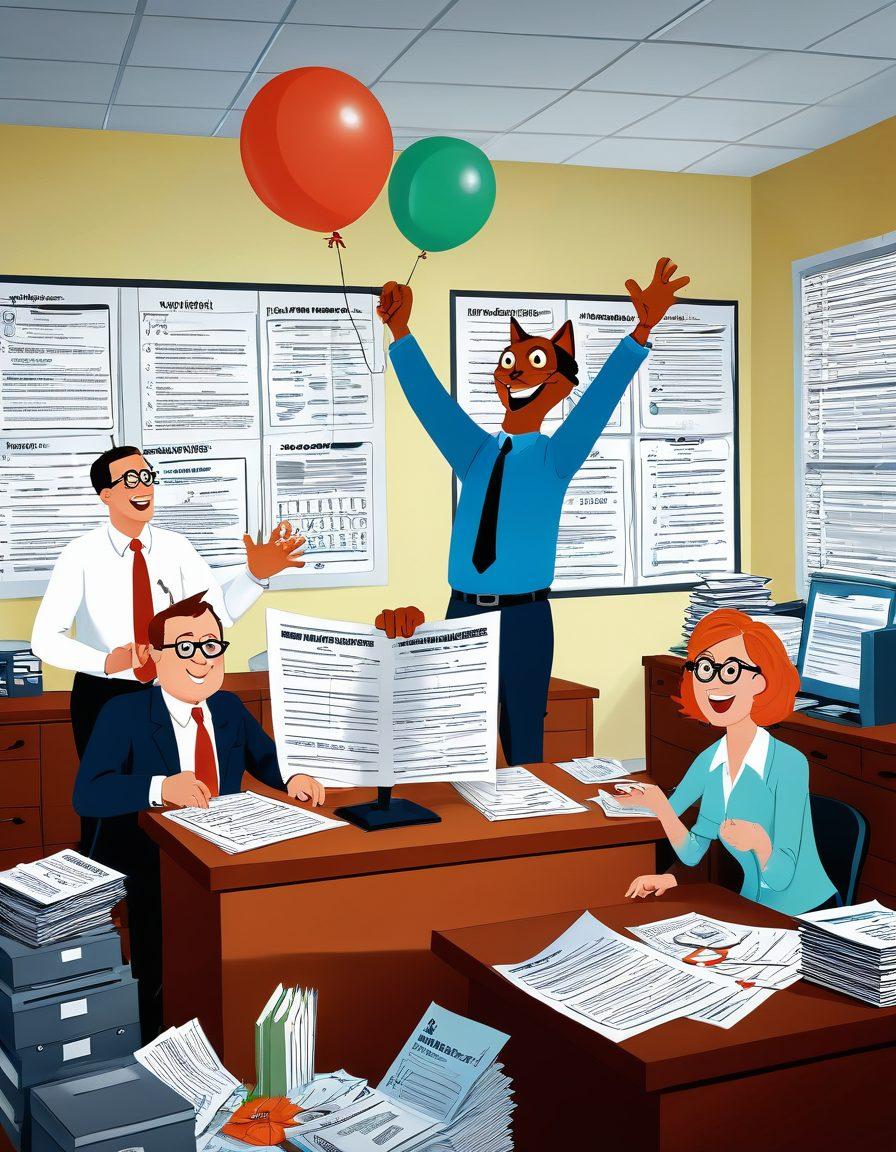 A whimsical cartoon scene depicting a group of animated insurance agents in a comedic showdown, juggling oversized policy documents and laughing in an office filled with quirky insurance-themed decorations. Include playful elements like a rolling claims form and a mischievous cat swatting at a calculator. The background features humor-infused posters with puns about insurance, creating a light-hearted atmosphere. vibrant colors. cartoon style. whimsical.