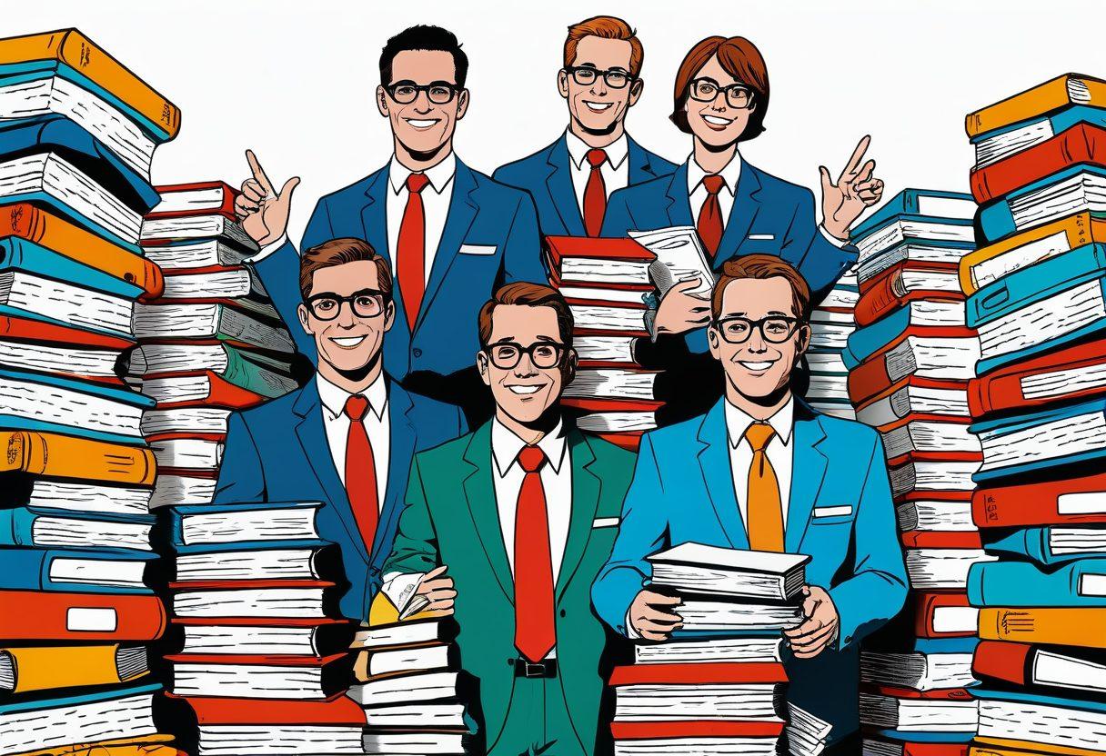 A whimsical cartoon illustration featuring a group of comical insurance agents dressed in quirky outfits, surrounded by humorous quotes about insurance. They are balancing on giant insurance policy books, while colorful thought bubbles with funny sayings float above their heads. Bright, playful colors dominate the scene, creating a lighthearted atmosphere. cartoon style. vibrant colors. white background.